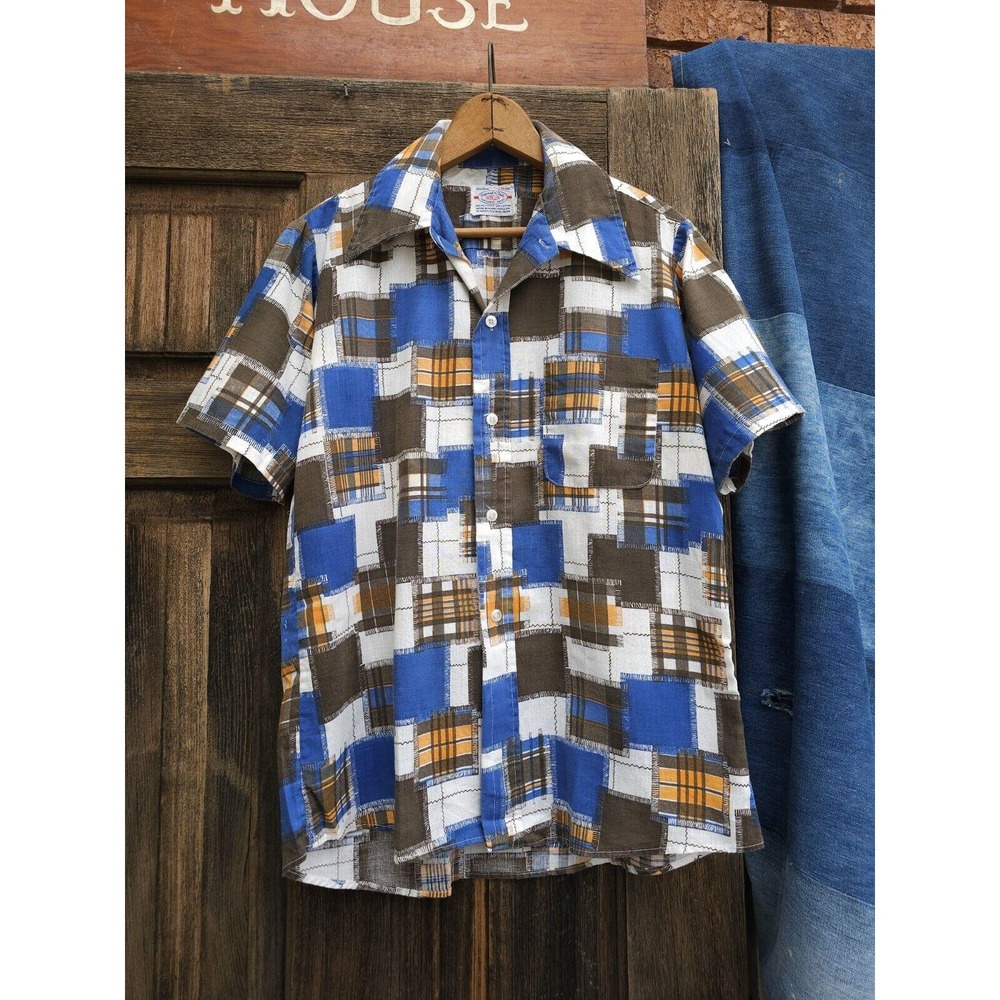 Vintage‎ 1970s Donlin Tapered Tails Patchwork Print Permanent Press Shirt M
